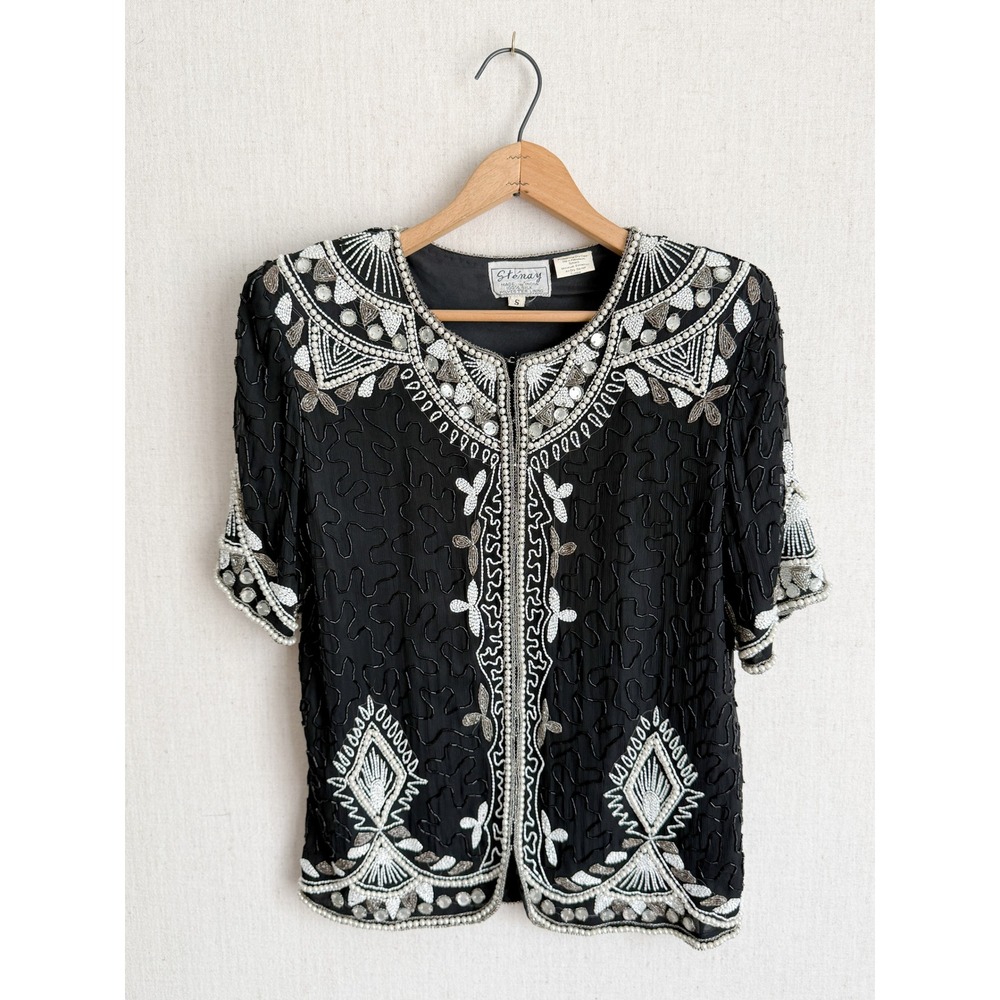 Stenay Beaded Silk Top Vintage 80s Evening Sequin Pearl Blouse Small Black White
